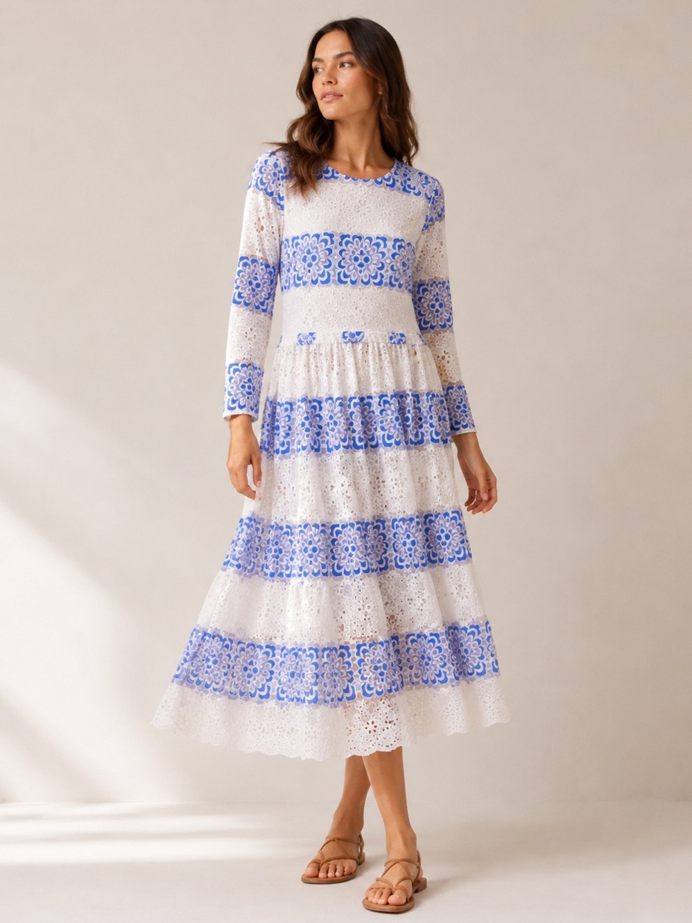 Endless Rose embroidered eyelet midi dress‎ blue white boho tiered size M